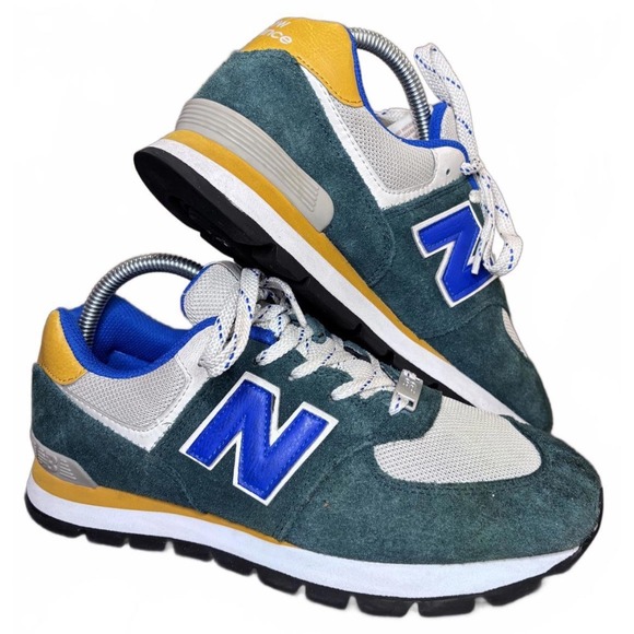 New Balance 574 Rugged Green Blue Yellow Suede Sneakers Men's Size 6.5 - Picture 1 of 7